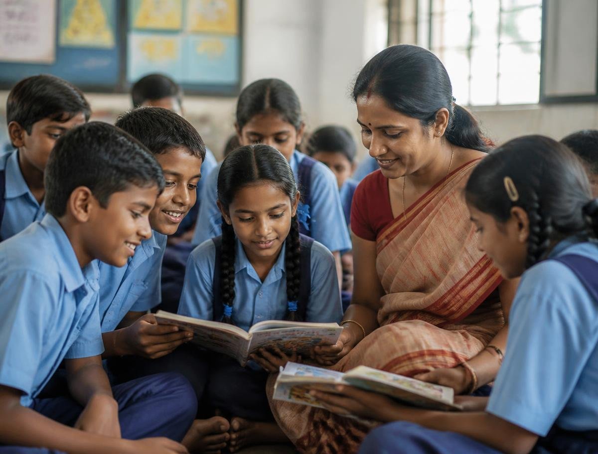 A teacher reading with a group of schoolchildren in a bright classroom